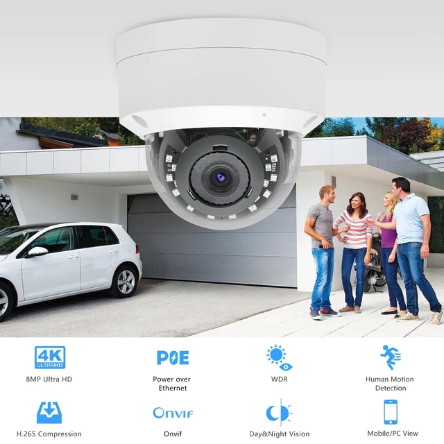 Alt view image 2 of 6 - Tennoz 4K 8MP PoE IP Dome Security Camera with Full Metal Housing | Built-in Mic, H.265 Compression, 2.8mm Lens, 105° Wide Angle, IP66 Waterproof, 80ft IR Night Vision, Human Motion Detection