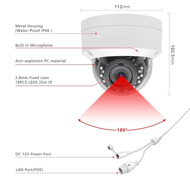 Alt view image 5 of 6 - Tennoz 4K 8MP PoE IP Dome Security Camera with Full Metal Housing | Built-in Mic, H.265 Compression, 2.8mm Lens, 105° Wide Angle, IP66 Waterproof, 80ft IR Night Vision, Human Motion Detection