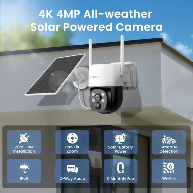 Alt view image 2 of 7 - xmartO Wire-Free PTZ 4MP 2K AI Tracking Solar Security Camera | 5G Dual Band WiFi6, All-Weather Continuous Solar Charging, Floodlights, SD/NVR/Cloud Storage, No Monthly Fees