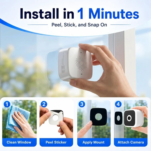 Alt view image 5 of 7 - 2.5K Wireless Window Cameras for Home Security, 6s Pre-Roll | No-Drill Indoor Camera, Battery Powered,2.4G/5GHz WiFi,Color Night Vision, AI Person Detection, Anti-Glare