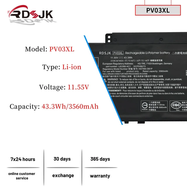 Alt view image 2 of 7 - PV03XL PP03XL Laptop Battery for HP Pavilion x360 13-BB 13-BB0000 14-DV 14M-DW 14-DK 15-EH 15-EH0000 14-dw0xxx Series HSTNN-LB8S HSTNN-DB9X HSTNN-OB1P L83388-421 L83388-AC1 L83393-005 11.55V 43.3Wh
