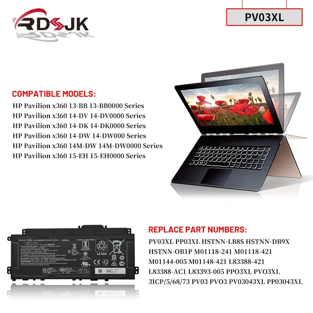 Alt view image 3 of 7 - PV03XL PP03XL Laptop Battery for HP Pavilion x360 13-BB 13-BB0000 14-DV 14M-DW 14-DK 15-EH 15-EH0000 14-dw0xxx Series HSTNN-LB8S HSTNN-DB9X HSTNN-OB1P L83388-421 L83388-AC1 L83393-005 11.55V 43.3Wh