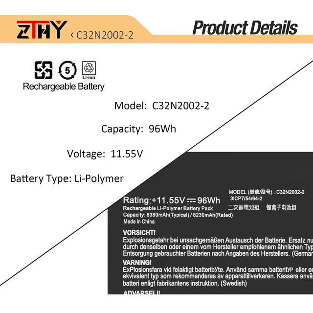 Alt view image 2 of 7 - 96Wh C32N2002-2 Laptop Battery Replacement for Asus ZenBook Pro 15 UP6502ZD | UP6502ZD-M8007W ZenBook Pro 15 Flip OLED UP6502ZA UP6502ZA-M8006W Series 0B200-04230000 3ICP7/54/64-2 11.55V 8380mAh