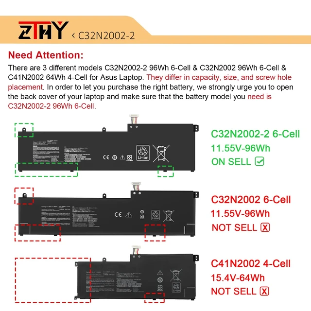 Alt view image 6 of 7 - 96Wh C32N2002-2 Laptop Battery Replacement for Asus ZenBook Pro 15 UP6502ZD | UP6502ZD-M8007W ZenBook Pro 15 Flip OLED UP6502ZA UP6502ZA-M8006W Series 0B200-04230000 3ICP7/54/64-2 11.55V 8380mAh