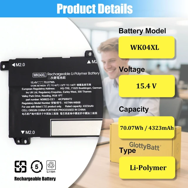 Alt view image 2 of 7 - GlottyBatt WK04XL M39179-005 Battery Replacement for HP OMEN 16-B 16-C | Victus 16-E 16-D 15-F 16-D0023DX 16-D0001UR 16-D1113TX 16-E0029UR 16-E0005UA Series, Battery HSTNN-OB2C HSTNN-IB9V, 70.07Wh