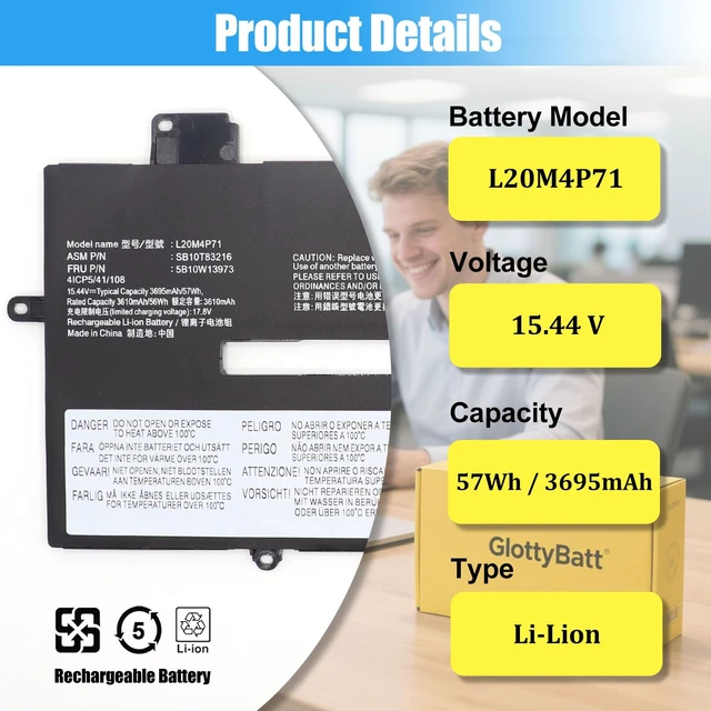 Alt view image 2 of 7 - GlottyBatt L20M4P71 Battery for Lenovo ThinkPad X1 Carbon 9th 10th 11th Gen | ThinkPad X1 Yoga 6th 7th 8th Gen 2021 2022 2023 Series, Laptop Battery L20C4P71 SB10T83216 5B10W13973, 57Wh