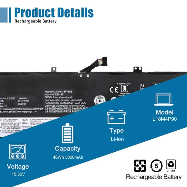 Alt view image 2 of 5 - VANPIR L18M4P90 Laptop Battery Replacement for Lenovo ThinkPad L13 Yoga Series L18C4P90 L18D4P90 02DL031 02DL032 02DL030 SB10T83120 SB10T83119 15.36V 46Wh 3000mAh