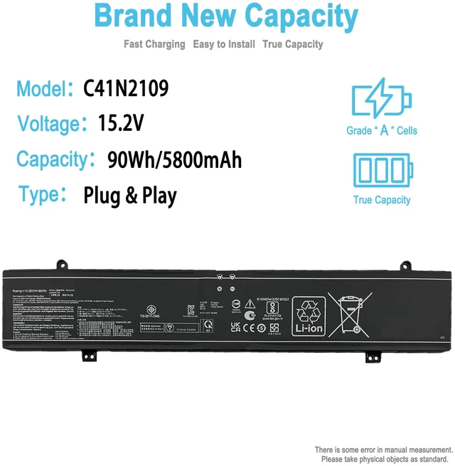 Alt view image 2 of 5 - 90Wh C41N2109 Laptop Battery Replacement for Asus Rog Flow X16 GV601RE GV601RM GV601VI GV601VU GV601VV Rog Strix G16 G614JI G614JU G614JV G614JZ Rog Strix G18 G814JI G814JU Series 15.2V 5800mAh