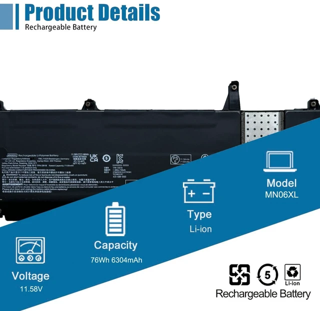 Alt view image 2 of 6 - VANPIR MN06XL Laptop Battery Replacement for HP ZBook Studio 16 G9 ZBook Studio 16 G10 Series Notebook M82230-005 M82220-1C1 M82220-2C1 TPN-DB1B 11.58V 76Wh 6304mAh