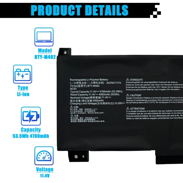 Alt view image 2 of 7 - AOMKA BTY-M492 Laptop Battery Replacement for MSI Sword 15 A11UD A11UE A11SC Bravo 15 B5DD Katana GF66 GF76 11UC 11UD 11UE 11SC 12UD 12UE 12UG 12UGS 12UX WF66 WF76 11UI 11UI 1 1UJ 53.5Wh