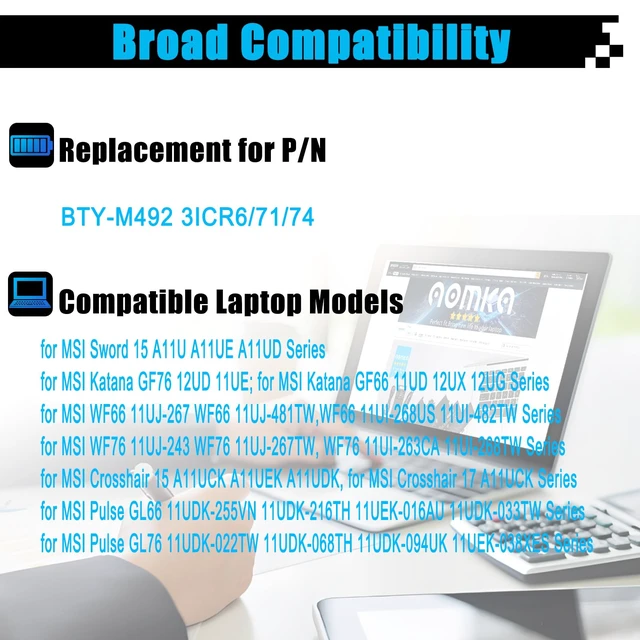 Alt view image 3 of 7 - AOMKA BTY-M492 Laptop Battery Replacement for MSI Sword 15 A11UD A11UE A11SC Bravo 15 B5DD Katana GF66 GF76 11UC 11UD 11UE 11SC 12UD 12UE 12UG 12UGS 12UX WF66 WF76 11UI 11UI 1 1UJ 53.5Wh