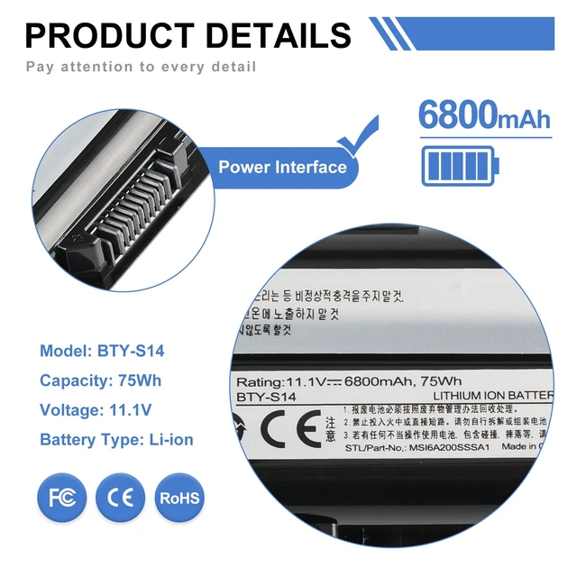 Alt view image 3 of 7 - ETESBAY BTY-S14 6800mAh Laptop Battery Replacement for MSI CR41 A6500 | for CR61 CR650 CR70 CX41 CX61 FX700-012FR GE60 GE60H GE620 GE620DX GE70 GE70H GP60 MS-16G7 MS-16GA BTY-S15 Notebook