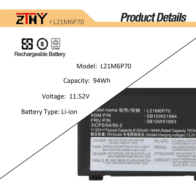 Alt view image 2 of 7 - L21M6P70 L21L6P70 Laptop Battery for Lenovo ThinkPad P16 Gen 1 P16 Gen 2 | ThinkPad P16 1st Gen ThinkPad P16 00CD 2022 Type 21D6 21D7 21FA 21FB Series L21C6P70 L21D6P70 5B10W51893 11.52V 8120mAh 94Wh