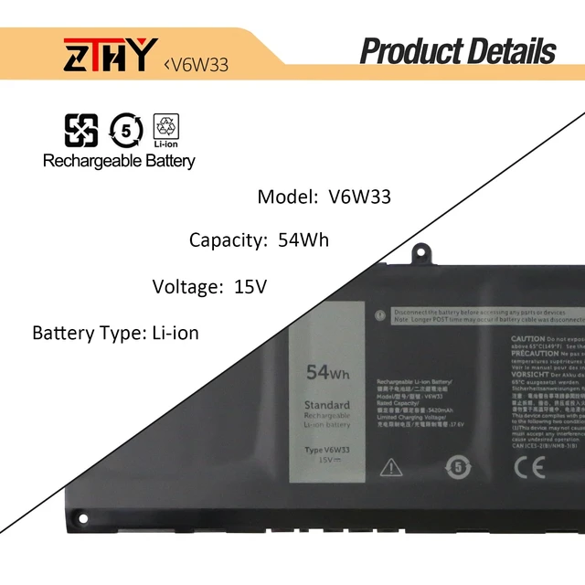 Alt view image 3 of 7 - V6W33 Battery 54Wh 4-Cell Replacement for Dell Inspiron 3510 3511 3515 5310 | 5410 5418 5510 5515 5518 5625 5630 5635 7415 7435 7425 7430 7445 2-in-1 Latitude 3320 3330 3420 3520 Vostro 3515