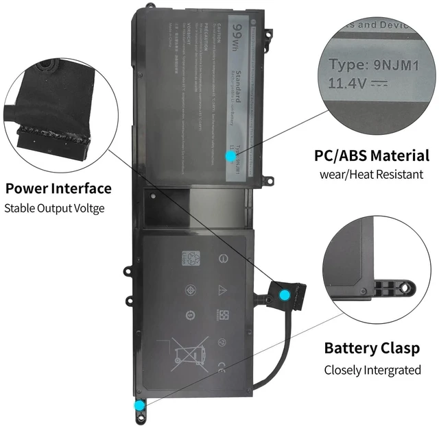 Alt view image 2 of 7 - Perhanmm 99Wh Type 9NJM1 11.4V Laptop Battery for Dell Alienware 17 R4 R5 15 R3 R4 44T2R MG2YH P31E P69F P31E001 P31E002 P69F001 P69F002 HF25D 01D82 546FF 0546FF HF250 0HF250 0MG2YH 11.4V 6 Cell