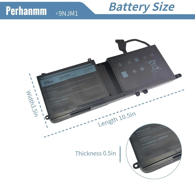 Alt view image 4 of 7 - Perhanmm 99Wh Type 9NJM1 11.4V Laptop Battery for Dell Alienware 17 R4 R5 15 R3 R4 44T2R MG2YH P31E P69F P31E001 P31E002 P69F001 P69F002 HF25D 01D82 546FF 0546FF HF250 0HF250 0MG2YH 11.4V 6 Cell