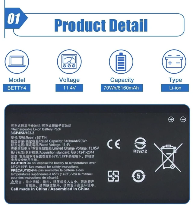 Alt view image 2 of 6 - Dentsing BETTY4 Laptop Battery Replacement for Razer Blade 2016 14" V2 Series Notebook 3ICP4/56/102-2 RZ09-0195 RZ09-01652E21 RZ09-0165 RZ09-01953E72 RZ09-01953W52 RZ09-01952E72 11.4V 70Wh 6160mAh
