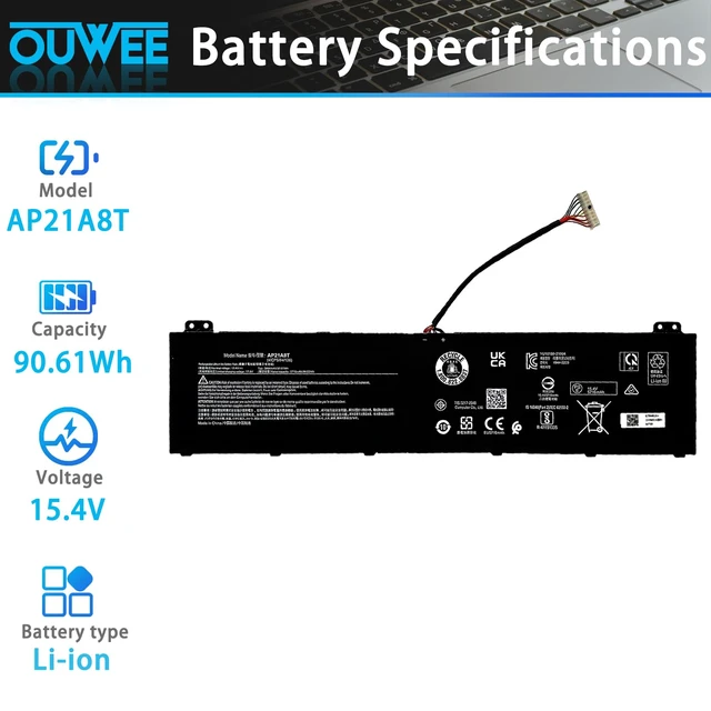 Alt view image 2 of 5 - OUWEE AP21A8T Laptop Battery Compatible with Acer Predator Helios 300 PH317-56-78LY PH317-56-78SM PH315-55-78L7 PH315-55-796N Nitro 5 AN517-55-78KU 713K Series AP21A5T AP21A7T 90.61Wh 15.4V