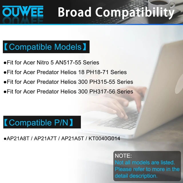 Alt view image 3 of 5 - OUWEE AP21A8T Laptop Battery Compatible with Acer Predator Helios 300 PH317-56-78LY PH317-56-78SM PH315-55-78L7 PH315-55-796N Nitro 5 AN517-55-78KU 713K Series AP21A5T AP21A7T 90.61Wh 15.4V