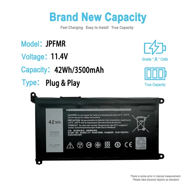 Alt view image 2 of 5 - 42Wh JPFMR Laptop Battery for Dell Chromebook 3400 3100 5488 5493 Series | 16DPH 016DPH 07T0D3 7T0D3 65N6H 07GDY 7MT0R DN33X RDNP5 11.4V 4200mAh