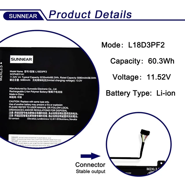 Alt view image 2 of 6 - SUNNEAR L18D3PF2 L18M3PFA Laptop Battery Replacement for Lenovo Yoga C740-15IML C740-15 81TD Series Notebook 5B10T83740 5B10W67402 5B10T83739 5B10W67258 3-Cell 11.52V 60.3Wh 5235mAh