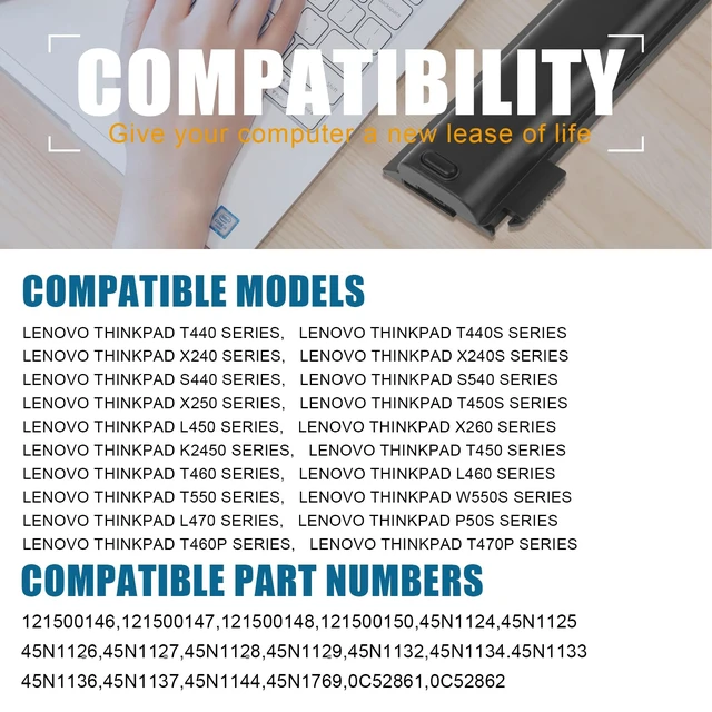 Alt view image 7 of 7 - X240 Battery 68+ 45N1128 Battery Compatible with ThinkPad T440 T440s T450 T450s T460 T460P T470P T550 T560 L450 L460 L470 P50S W550s X250 X260 X270 45N1125 45N1126 45N1127 45N1129 0C52861 0c52862