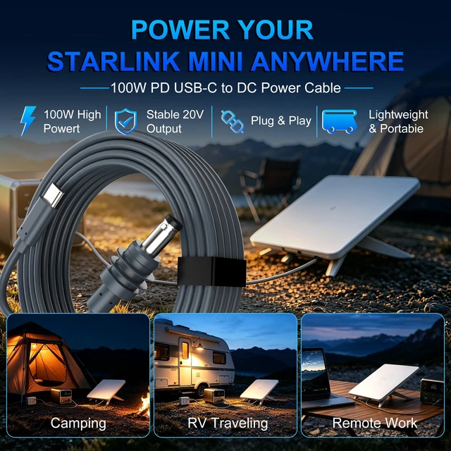 Alt view image 6 of 7 - Anehmeta Starlink Mini Cable 32.8FT/10M, Starlink Mini USB C to DC Power Cable 18AWG 20V 5A PD 100W USB Type C to DC Power Cord, Compatible with Power Bank 100W+ PD Source Waterproof Gray