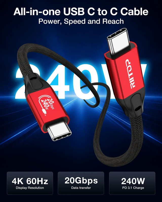 Alt view image 2 of 7 - RIITOP 20Gbps USB C to C Long Cable 16.4FT, USB 3.2 Gen 2x2 Cable 240W PD | 20Gbps Data Transfer, 240W PD 3.1 charging, 4K@60Hz Video, E-Marker Chip and Durable Nylon Braiding