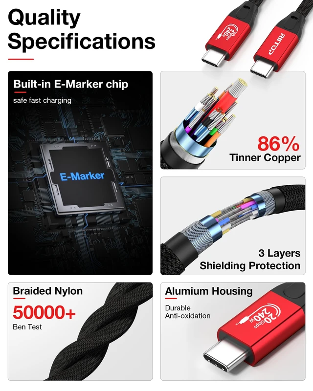 Alt view image 5 of 7 - RIITOP 20Gbps USB C to C Long Cable 16.4FT, USB 3.2 Gen 2x2 Cable 240W PD | 20Gbps Data Transfer, 240W PD 3.1 charging, 4K@60Hz Video, E-Marker Chip and Durable Nylon Braiding