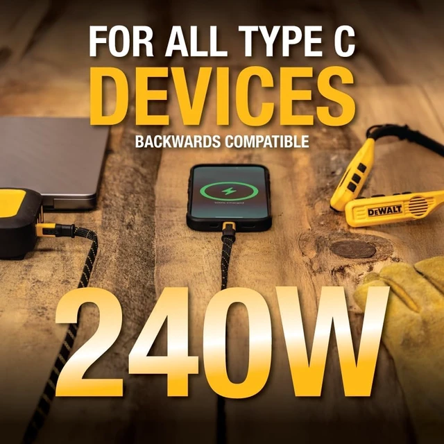 Alt view image 3 of 7 - DEWALT Heavy Duty USB C to USB C Fast Charging Cables w/Kevlar, 10FT | Flat 240W USBC to USBC Charge Cables, High Speed Type C Charging for iPhone 17 16 15 Series, Samsung Galaxy, 2-Pack