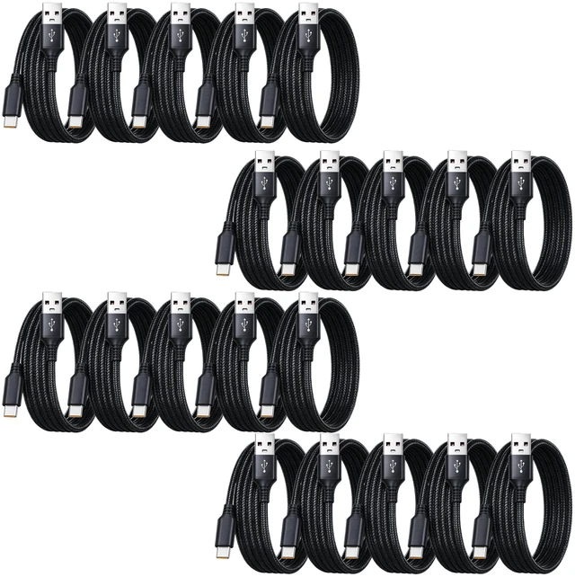 Main image of USB A to USB C Cable 6ft 20 Pack, 3A Fast Charging Type C Cord Multipack | Upgraded Metal Case, Nylon Braided USB C Cord. For iPhone 17/16/15, Samsung Galaxy S25/S24/S23, Pixel, iPad and more. (Black)