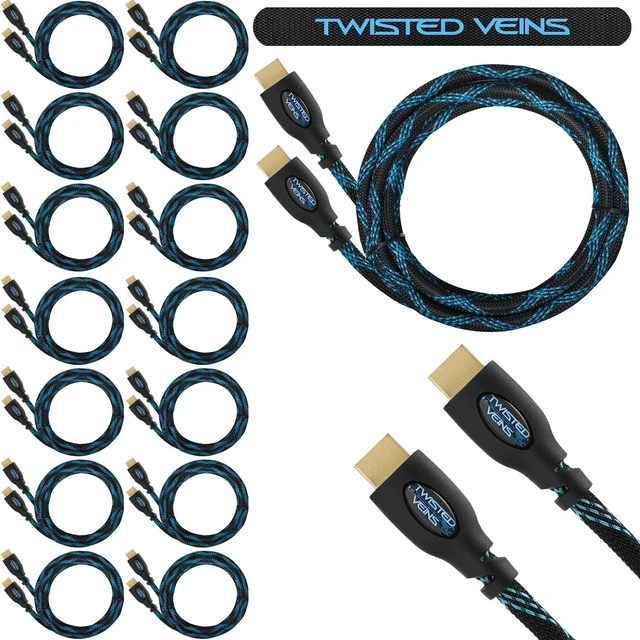 Main image of Twisted Veins 15 Pack of 10FT 4K HDMI Cables Bulk HDMI Cable Multipack | HDMI to HDMI Cable Multi pack, HDMI Cord Multipack Features Premium Braided Jackets, Flex Neck Connectors, Plus Accessories
