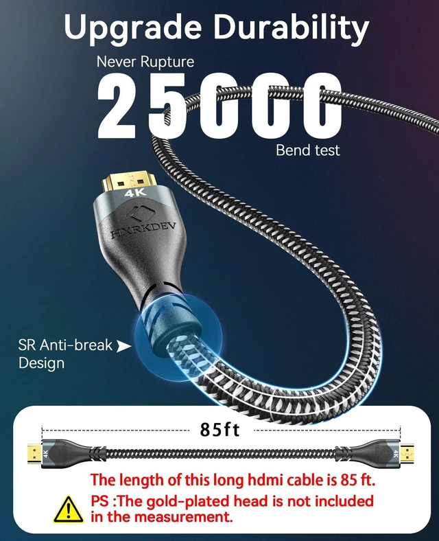 Alt view image 2 of 7 - HXRKDEV 4K HDMI Cable 85Ft, Ultra High Speed HDMI Cable 2.0 Cord Braided (18Gbps), 4K@60Hz, Gold Plated Connector 3D ARC Ethernet HDMI Cord for HD TV Monitor Laptop Xbox PS4/PS5 ect(25.9m)