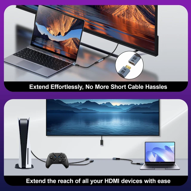Alt view image 6 of 7 - CABLAPTOP [2-Pack 16K HDMI Extension Cable,6.6FT/2M 8K 120Hz 4K 240Hz/480Hz, 96Gbps Braided EXT HDMI Extender Cord, Ultra High Speed Compatible with HDTV, Laptop,Series X,Chromecast, TV Stick