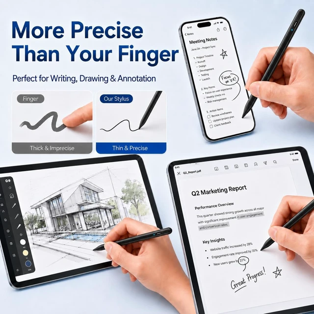 Alt view image 5 of 7 - Stylus Pen 2P for Touchscreen, Compatible for Phones/Tablet, Black | USB-C Rechargeable Active Stylus with 1.5 mm fine tip for Writing, Drawing, Notes and Touchscreen Navigation