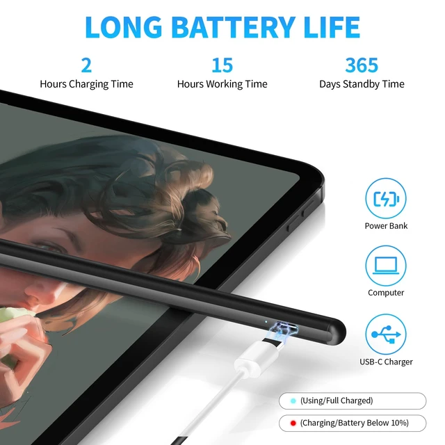 Alt view image 4 of 7 - Stylus Pen 2P for Touchscreen, Compatible for Phones/Tablet, Black | USB-C Rechargeable Active Stylus with 1.5 mm fine tip for Writing, Drawing, Notes and Touchscreen Navigation