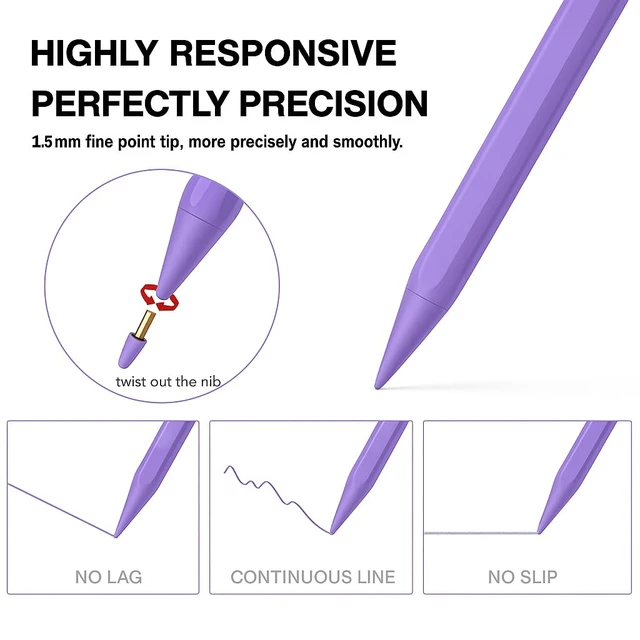 Alt view image 5 of 7 - Stylus Pen for iPad 11th/10th 2018-2025,2Pack Apple Pen Palm Rejection Tilt Sensitivity Pixel Perfect for Apple iPad A16/11/10/9/8/7/6th,Pro 12.9"/11"/13" M5/M4,Air M3/M2/5/4/3,Mini A17/5/6th-Purple