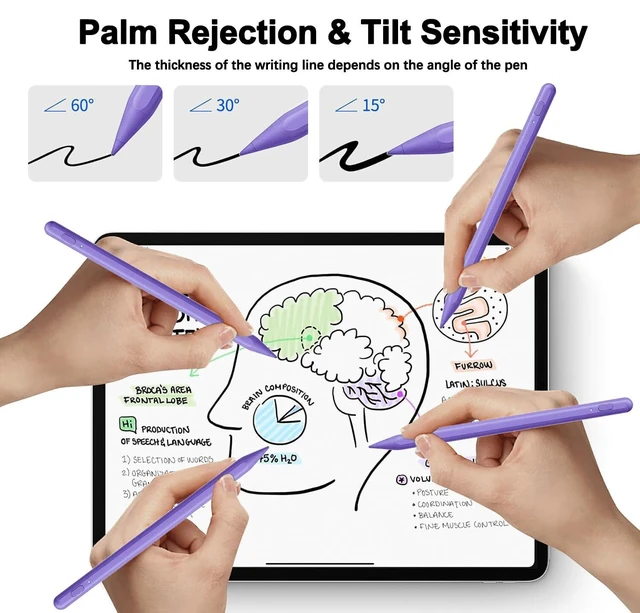 Alt view image 3 of 7 - Stylus Pen for iPad 11th/10th 2018-2025,2Pack Apple Pen Palm Rejection Tilt Sensitivity Pixel Perfect for Apple iPad A16/11/10/9/8/7/6th,Pro 12.9"/11"/13" M5/M4,Air M3/M2/5/4/3,Mini A17/5/6th-Purple