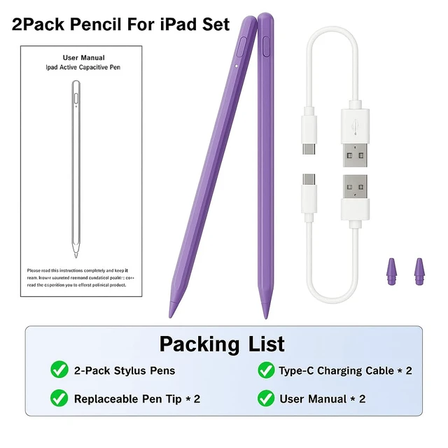 Alt view image 7 of 7 - Stylus Pen for iPad 11th/10th 2018-2025,2Pack Apple Pen Palm Rejection Tilt Sensitivity Pixel Perfect for Apple iPad A16/11/10/9/8/7/6th,Pro 12.9"/11"/13" M5/M4,Air M3/M2/5/4/3,Mini A17/5/6th-Purple