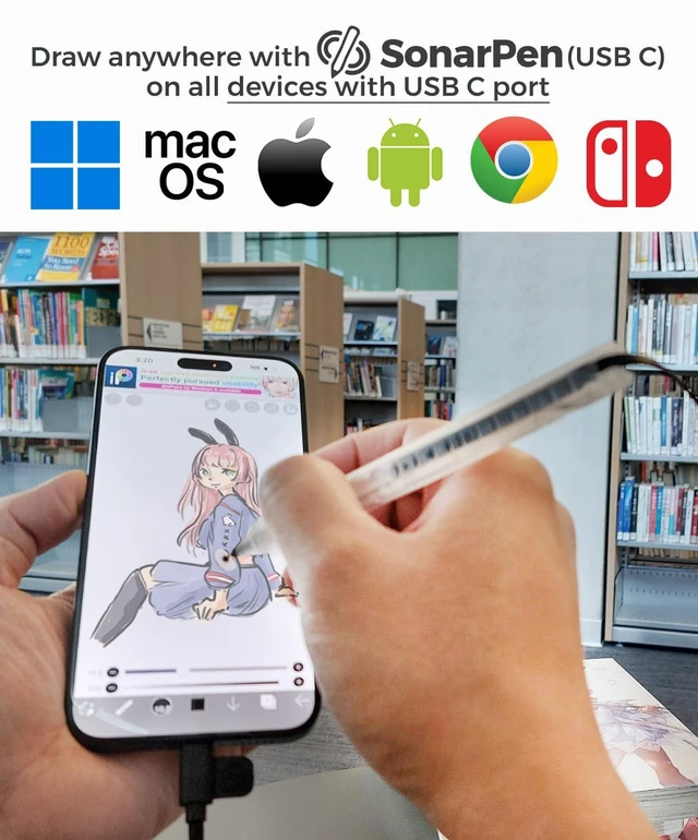 Alt view image 2 of 7 - SonarPen (USB C): Pressure Sensitive Stylus for iPhone, Android & Mac Black