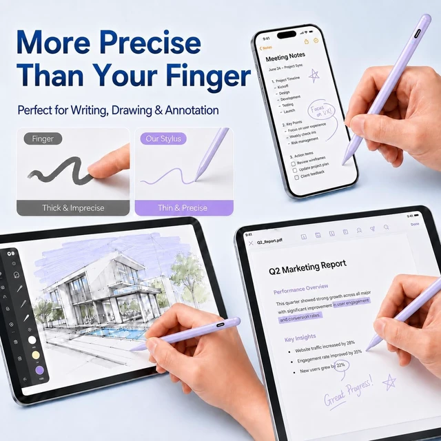 Alt view image 4 of 7 - DRYMOKINI 2-Pack Active Stylus Pens for Touch Screens, Purple | 1.5 mm Fine Tip, Usb-C Rechargeable Design and 2 Pens for Writing, Drawing, Notes And Everyday Touchscreen Use.