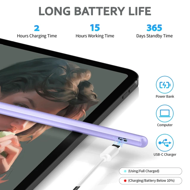 Alt view image 5 of 7 - DRYMOKINI 2-Pack Active Stylus Pens for Touch Screens, Purple | 1.5 mm Fine Tip, Usb-C Rechargeable Design and 2 Pens for Writing, Drawing, Notes And Everyday Touchscreen Use.