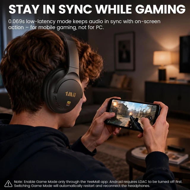 Alt view image 7 of 7 - 1Mii Y8+ Hybrid Active Noise Cancelling Headphones for Airplane & Travel | Bluetooth 6.0 Over-Ear, 100H Playtime, LDAC Wireless Hi-Res Audio, Deep Bass, Ambient Mode, Custom EQ via App, Home/Office
