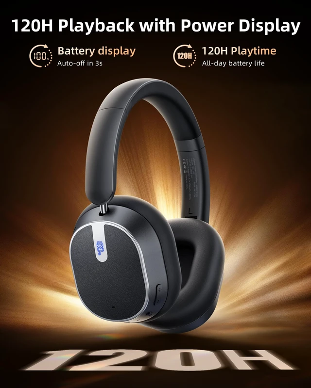 Alt view image 4 of 7 - Hybrid Active Noise Cancelling Headphones,120H Playtime Wireless Headphones Bluetooth 6.0 with Power Display, 6-Mic ENC Calls, Hi-Res Audio Over Ear Headphones Foldable Headset for Travel Game Black