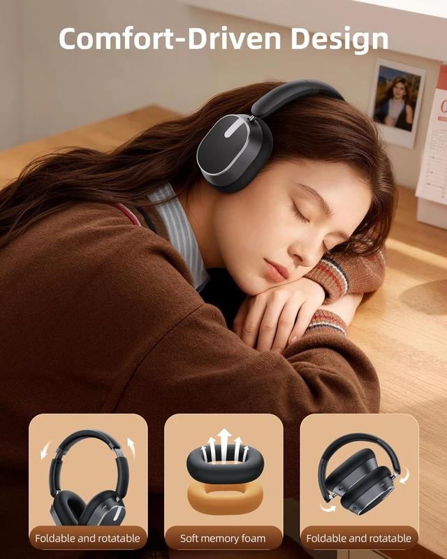 Alt view image 7 of 7 - Hybrid Active Noise Cancelling Headphones,120H Playtime Wireless Headphones Bluetooth 6.0 with Power Display, 6-Mic ENC Calls, Hi-Res Audio Over Ear Headphones Foldable Headset for Travel Game Black