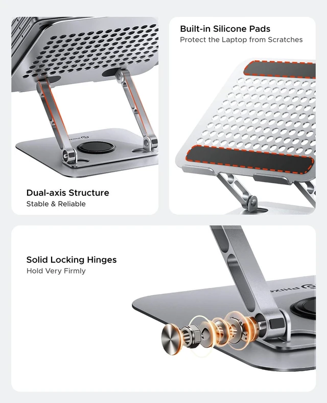 Alt view image 4 of 7 - PHIXERO 360° Rotable Laptop Stand, Height Adjustable Holder Gray WS2 | Durable Aluminum Alloy, Z-Type Ergonomic Design, Hollowed Cooling Ventilation, Multi-Device Universal Fit