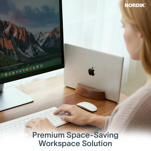Alt view image 5 of 7 - Nordik Vertical Laptop Stand - Adjustable Solid Walnut Laptop Dock | Premium Laptop Holder with Adjustable Base and Walnut Finish, Non-Slip Wood Stand for Macbook, IPads, Tablets for Workspace