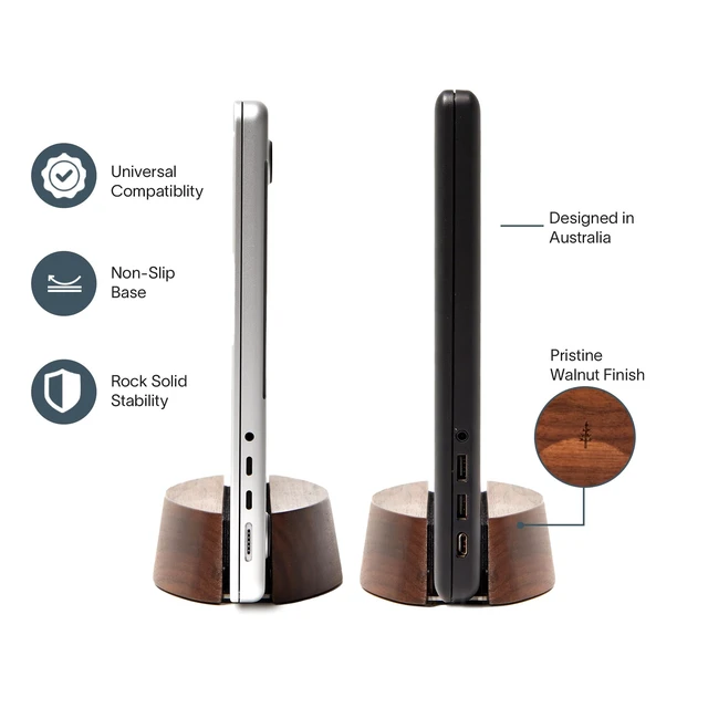 Alt view image 6 of 7 - Nordik Vertical Laptop Stand - Adjustable Solid Walnut Laptop Dock | Premium Laptop Holder with Adjustable Base and Walnut Finish, Non-Slip Wood Stand for Macbook, IPads, Tablets for Workspace