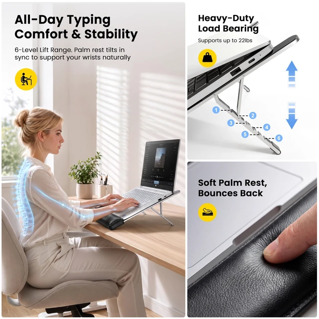 Alt view image 3 of 7 - V-Hold Laptop Stand for Desk, Adjustable Laptop Riser with Wrist Rest | Ergonomic Adjustable Portable Laptop Stand for Desk, Notebook Holder Compatible with MacBook Air Pro, All 10-17'' Laptops
