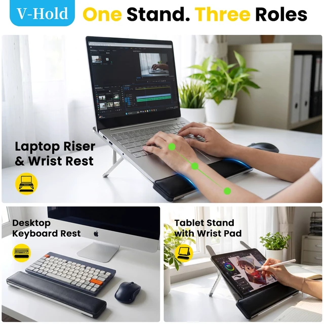 Alt view image 5 of 7 - V-Hold Laptop Stand for Desk, Adjustable Laptop Riser with Wrist Rest | Ergonomic Adjustable Portable Laptop Stand for Desk, Notebook Holder Compatible with MacBook Air Pro, All 10-17'' Laptops